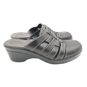 Dr Scholls Sandals Womens 6.5 Brenna‎ Black Leather Shoes Comfort Slip On